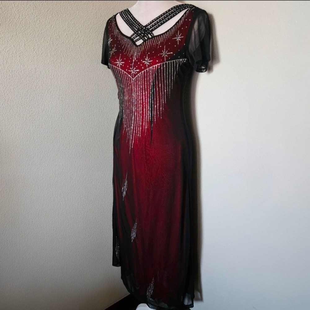 Vintage Red Silk Black Mesh Overlay Glitter Starburst Cocktail Dress